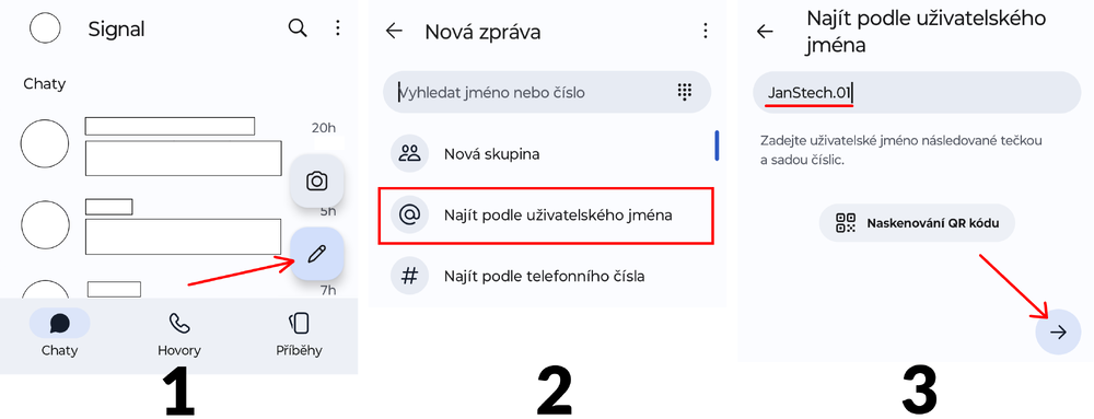 Tři zřetězené snímky obrazovky s návodem, jak odeslat novou Signal zprávu uživateli @JanStech.01